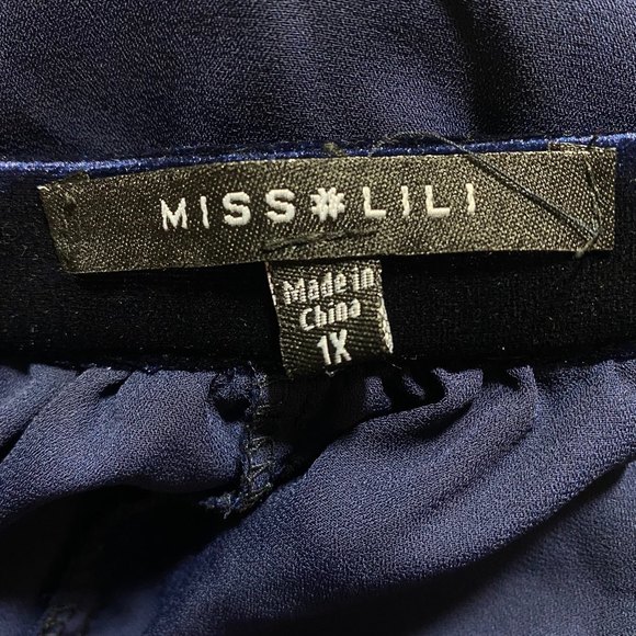 MISS LILI Embroidered Red Floral Velour  Sheer Blouse Size 1X Navy Blue - Picture 6 of 8